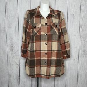 BloomChic Plaid Shacket Jacket Sz 14 16 Plus Brown Orange Fall Flannel
